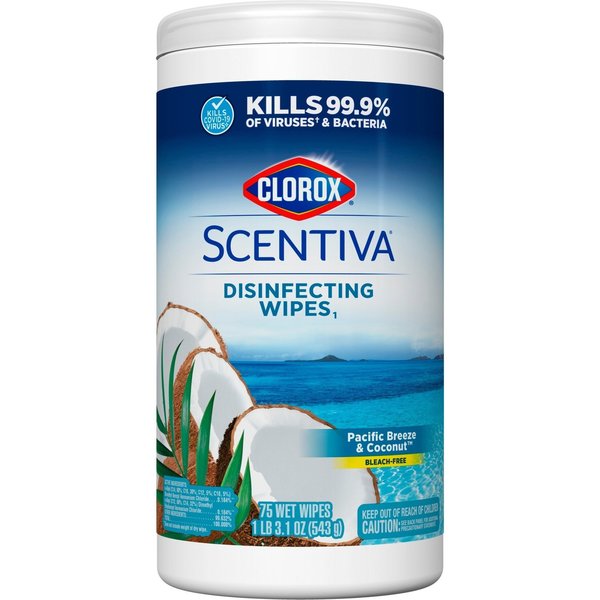 Clorox Scentiva Wipes, Bleach Free Cleaning Wipes, Canister, Pacific Breeze & Coconut, White CLO60037